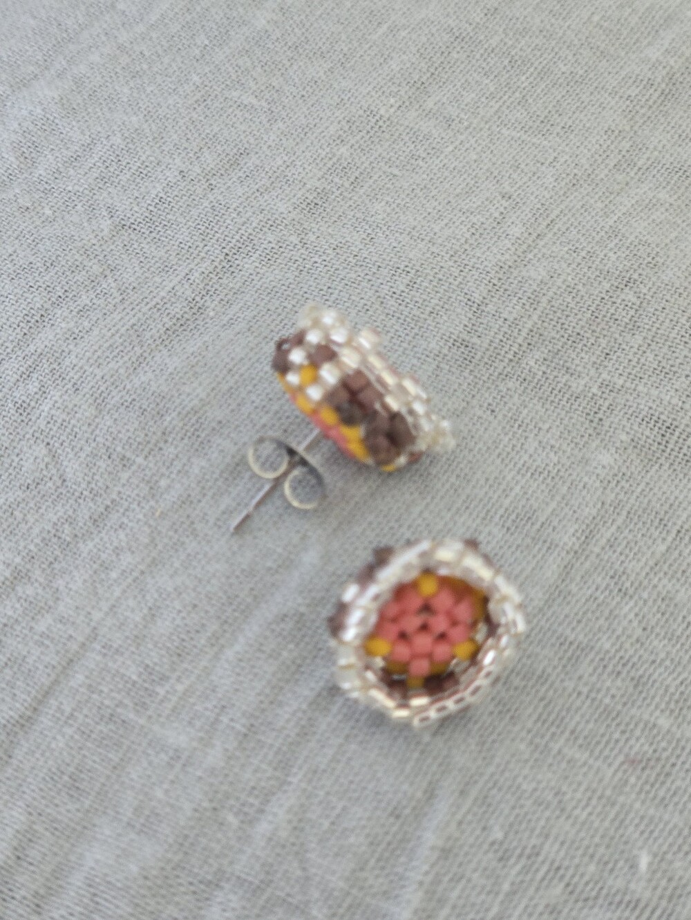 New Handmade Pink & Yellow Beaded Stud Earrings - Picture 3 of 7